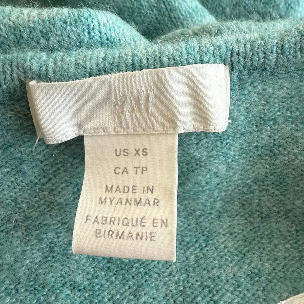 H&M Wool Sweater Jumper Women XS Teal Knitted Long Sleeve V-Neck Pullover Soft
